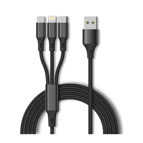 Rapid Series Fabric 3-in-1 Fast Charge with DATA Type-C and USB to Type C / Lightning / Micro USB Data Charging Cable Charger 1 Meter